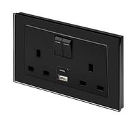 Retrotouch 659 Crystal, 2.1A USB, DP, Double Plug Socket, Switched, Black Glass, 13A, 35.0 mm*151.0 mm*89.0 mm