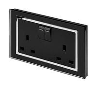 Retrotouch Crystal, DP, Double Plug Socket, Switched, Chrome Trim, 13A, Black Glass, w8 x h86 x d146 mm