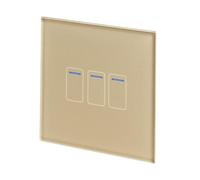 Retrotouch Crystal Touch Switch | LED Light Indicator | 3 Gang 2 Way 300W | Stylish Brass Glass Finish | Screwless Front | 35mm Back Box No-Neutral Required | Luxury Home & Bathroom Light Switches