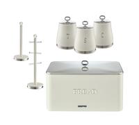 Retrovive 6 Pc Tea Coffee Sugar Canister, Bread Bin, Mug Tree & Towel Pole Set Geepas Cream One Size