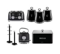 Retrovive 8 pcs Kettle, 4 Slice Toaster, Set of 3 Canister, Bread Bin, Mug Tree & Towel Pole Set Geepas Black One Size