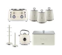 Retrovive 8 pcs Kettle, 4 Slice Toaster, Set of 3 Canister, Bread Bin, Mug Tree & Towel Pole Set Geepas Cream One Size