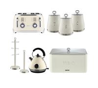 Retrovive Pyramid Kettle, 4 Slice Toaster, Set of 3 Tea Coffee Sugar Canister, Bread Bin, Mug Tree & Towel Pole Set Geepas Cream One Size