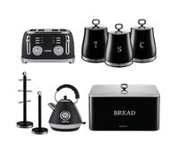 Retrovive Pyramid Kettle, 4 Slice Toaster, Set of 3 Tea Coffee Sugar Canister, Bread Bin, Mug Tree & Towel Pole Set Geepas Black One Size