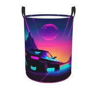 Retrowave Pictures Print Circular Protable Storage Bin Organizer Round Basket For Laundry Hamper With Handles Bedroom Clothes