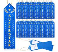 Retrowavy 100 Pieces Superstar Award Ribbons Blue Ribbon Award Prize Participation Ribbon with Event Card and String for Kids Students Achievement Contest Sports School Office Team, 7.87 x 1.97 inch