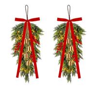 Retrowavy 2 Pcs Christmas Teardrop Swag with Red Velvet Bow, Bells and Light String, Artificial Cedar Pine Teardrop Wreath, Hanging Greenery Garland for Front Door, Window, Mantle Decor