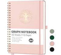 RETTACY A4 Graph Paper Notebook-Large Grid Spiral Notebook Journal for Women,Notepad 110 Pages,Bookmark,Pocket,Sticky Notes,Pen Loop 21.5 x 27.9cm - RoseGold