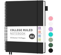 RETTACY A4 Notebook, Lined Wirebound Spiral Notebook College Ruled Paper 110 Pages for Writing, Journals for Women 100gsm, PVC Pocket, Pen Loop, Ruler, Bookmark, 21.5 x 27.9cm - Black