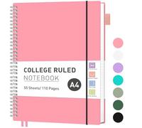 RETTACY A4 Spiral Notebook, Lined, Flexible Plastic Cover, College Ruled Paper, 55 Sheets/110 Pages, 100gsm, with Pocket, Pen Loop, Ruler & Bookmark - Pink, 21.5 x 27.9cm