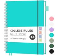 RETTACY A4 Spiral Notebook, Lined, Flexible Plastic Cover, College Ruled Paper, 55 Sheets/110 Pages, 100gsm, with Pocket, Pen Loop, Ruler & Bookmark - Turquoise, 21.5 x 27.9cm
