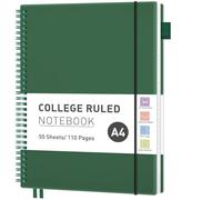 RETTACY A4 Spiral Notebook, Lined Journal, Notepad, 110 Pages, Dark Green | Flexible Plastic Cover Note Book, 100 GSM College Ruled Paper, with Pocket, Pen Loop, Ruler & Bookmark - 21.5 x 27.9 cm