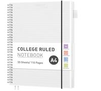 RETTACY A4 Spiral Notebook, Lined Journal, Notepad, 110 Pages, Transparent | Flexible Plastic Cover Note Book, 100 GSM College Ruled Paper, with Pocket, Pen Loop, Ruler & Bookmark - 21.5 x 27.9 cm