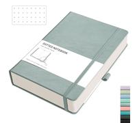 RETTACY A5 Bullet Dot Grid - Dotted Notebook With 320 Numbered Thick Journal Leather Hardcover 100gsm Paper Pen Holder, Inner Pocket, 2 Free Journal Stencils 14.5 x 21cm - Gray Blue