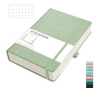 RETTACY A5 Bullet Dot Grid - Dotted Notebook With 320 Numbered Thick Journal Leather Hardcover 100gsm Paper Pen Holder, Inner Pocket, 2 Free Journal Stencils 14.5 x 21cm - Light Green