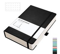 RETTACY A5 Bullet Dot Grid - Dotted Notebook With 320 Numbered Thick Journal Leather Hardcover 100gsm Paper Pen Holder, Inner Pocket, 2 Free Journal Stencils 14.5 x 21cm - Black