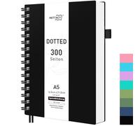 RETTACY A5 Dotted Notebook 180° Flat 300 Pages - Black | Bullet journal, soft cover, 100 g/m² paper, no bleeding, pen loop for project planning and office