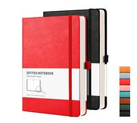 RETTACY A5 Dotted Notebook 2 Pack - Bullet Dot Grid Journal with 320 Numbered Pages Hardcover 120gsm Thick Paper, 8 Perforated Sheets, Pen Holder, Inner Pocket 14.5 x 21cm - Black Red