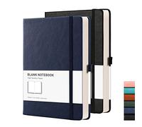 RETTACY A5 Dotted Notebook - Bullet Dot Grid Journal 2 Pack with 2 Free Stencils,120gsm Thick Paper, 320 Pages, Leather Hardcover, for Women Men Artist Writing Drawing - Black Blue