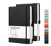 RETTACY A5 Lined Notebook - 2-Pack, 192 Page 100gsm Journal with Leather Hardcover, College Ruled Notepad for Men Women Office School Travel - Black & Black