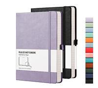 RETTACY A5 Lined Notebook - 2-Pack, 192 Page 100gsm Journal with Leather Hardcover, College Ruled Notepad for Men Women Office School Travel - Black & Light Purple