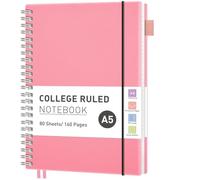 RETTACY A5 Spiral Notebook, Lined, Flexible Plastic Cover, College Ruled Paper, 80 Sheets/160 Pages, 100gsm, with Pocket, Pen Loop, Ruler & Bookmark - Pink, 14.5 x 20.7cm