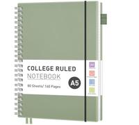 RETTACY A5 Spiral Notebook, Lined Journal, Notepad, 160 Pages, Light Green | Flexible Plastic Cover Note Book, 100 GSM College Ruled Paper, with Pocket, Pen Loop, Ruler & Bookmark - 14.5 × 20.7 cm