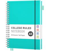RETTACY A5 Spiral Notebook, Lined Journal, Notepad, 160 Pages, Turquoise | Flexible Plastic Cover Note Book, 100 GSM College Ruled Paper, with Pocket, Pen Loop, Ruler & Bookmark - 14.5 × 20.7 cm