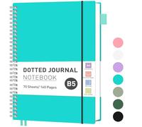RETTACY B5 Notebook Bullet Dot Journal, Grid Dotted Notebook 140 Pages /70 Sheets for Writing,Notepad with PVC Pocket, Pen Loop, Ruler, Bookmark for Women Men Work Office School, 19 x 25 cm- Turquoise