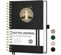 RETTACY Dotted Notebook B5-Bullet Dot Journal Notepad for Writing, Spiral Note book 300Pages /150 Sheets,100gsm No Bleed Paper,with Bookmark Journal Stencils, Inner Pocket - Black