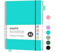 RETTACY Graph Grid Paper Notebook, 110 Pages, A4 Size (21.5 x 28 cm), 5mm per Square, 100 GSM Thick Paper, Flexible Plastic Cover, Spiral-bound, for School, Students, Math, Engineering (Turquoise)