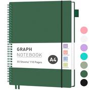 RETTACY Graph Grid Paper Notebook, 110 Pages, A4 Size (21.5 x 28 cm), 5mm per Square, 100 GSM Thick Paper, Flexible Plastic Cover, Spiral-bound, for School, Students, Math, Engineering (Dark Green)