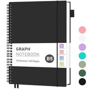 RETTACY Graph Grid Paper Notebook, 140 Pages, B5 Size (19 x 25 cm), 5mm per Square, 100 GSM Thick Paper, Flexible Plastic Cover, Spiral-bound, for School, Students, Math, Engineering (Black)