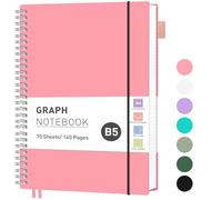 RETTACY Graph Grid Paper Notebook, 140 Pages, B5 Size (19 x 25 cm), 5mm per Square, 100 GSM Thick Paper, Flexible Plastic Cover, Spiral-bound, for School, Students, Math, Engineering (Pink)