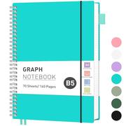 RETTACY Graph Grid Paper Notebook, 140 Pages, B5 Size (19 x 25 cm), 5mm per Square, 100 GSM Thick Paper, Flexible Plastic Cover, Spiral-Bound, for School, Students, Math, Engineering (Turquoise)