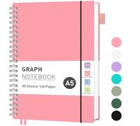 RETTACY Graph Grid Paper Notebook, 160 Pages, A5 Size (14.5 x 21 cm), 5mm per Square, 100 GSM Thick Paper, Flexible Plastic Cover, Spiral-bound, for School, Students, Math, Engineering (Pink)