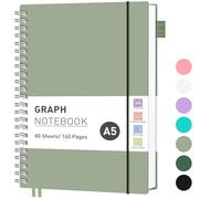 RETTACY Graph Grid Paper Notebook, 160 Pages, A5 Size (14.5 x 21 cm), 5mm per Square, 100 GSM Thick Paper, Flexible Plastic Cover, Spiral-bound, for School, Students, Math, Engineering (Light Green)