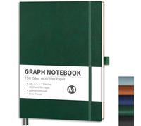 RETTACY Graph Grid Paper Notebook, 96 Pages, A4 Large Size (8.5'' x 11''), 5 Squares per Inch, Leather Softcover, 100 GSM Thick Paper, for School, Students, Math, Engineering (Dark Green)