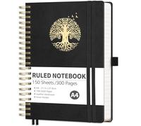 RETTACY Lined A4 Notebook Spiral Bound College Ruled Notebook 300 Pages Thick Journal,Hardcover Leather Notepad for Work School,100gsm,Sticky Notes,21.5 x 27.9cm - Black