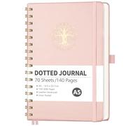 RETTACY Note Books A5 Bullet Dot Journals - Hardback Leather Grid Dotted Journal, Spiral Sketchbook 140 Pages Notepad for Work School, 100gsm Thick Paper, Bookmark, Stencils, Inner Pocket - Rosegold