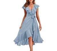 RETTYGARDEN Women's 2025 Summer Cross Midi Dress Casual Boho Deep V Neck Short Sleeve Ruffle Hem Split Beach Long Dresses, Light Blue, L