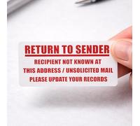 Return to Sender Stickers, Red on White, 50 x 25mm, Not Known at This Address, Unsolicited Mail, 200 Pack