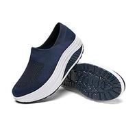 Returns Pallets for Sale UK Slip on Running Shoes Breathable Knit Mesh Trainers for Women UK Arch Support Wedge Sneakers Anti-Slip Soft Sole Walking Shoes Deals of The Day Dark Blue