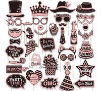 RETWOT 38 PCS Pink Birthday Photo Booth Props Kit, Happy Birthday Party Favors, Supplies Bday Party Decoration Set with Real Glitter Cute Bday Designs for Women or Girls - Easy to Assemble