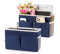 Retyion Bedside Caddy Bedside Storage Organizer Hanging Bunk Bed Dorm Room with Side Pockets for Water Bottles, Books, Cell Phones, Headphones 2 Pack (Dark Blue)