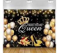 Retyshia Black Gold Happy Birthday Backdrop for Women Queen Birthday Backdrop Background Glitter High Heels Balloons Flowers Party Decoration Banner 5x3Ft