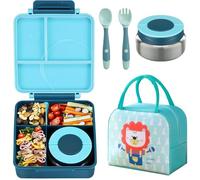 RETZLA Bento Lunch Box Set for Kids with 8oz Soup Thermo, Leak-Proof Lunch Containers with 4 Compartment, Kids Thermo Hot Food Jar and Insulated Lunch Bag for School-Blue