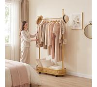 reukmuuc Gold Freestanding Clothes Rail with Wheels, Metal Garment Rack 80 x 32 x 170 cm with Mesh Storage Basket and Side Hooks, Lockable Movable Coat Stand for Bedroom Living Room Storage Golden