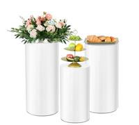 reukmuuc White Metal Cylinder Pedestal Stand, Set of 3, 90cm, 75cm, 60cm, Foldable Dessert Display Pillar with Acrylic Lid, Elegant Round Cake Stand, Wedding and Party Decoration White