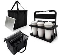 Reusable 6 Cup Drink Carrier with Handle and Insulated Bag, Foldable Plastic Beverage Holder and Large Capacity Insulated Tote Bag for Takeout, Delivery, Office, Car, Picnic & Home Use